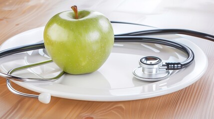 Fresh green apple on white plate with stethoscope, representing health advice and wellness concepts, healthy lifestyle and medical care ideas.
