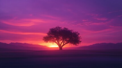 Obraz premium Solitary tree silhouetted against vibrant sunset over plains.