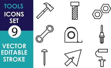 Obraz premium This image displays 9 vector-style editable tool icons: hammer, bolt, hex nuts, wrench, tape measure, screwdriver, nail, cursor and so on