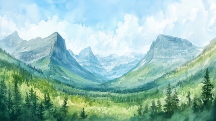 Fototapeta premium Majestic Mountain Valley Watercolor Painting