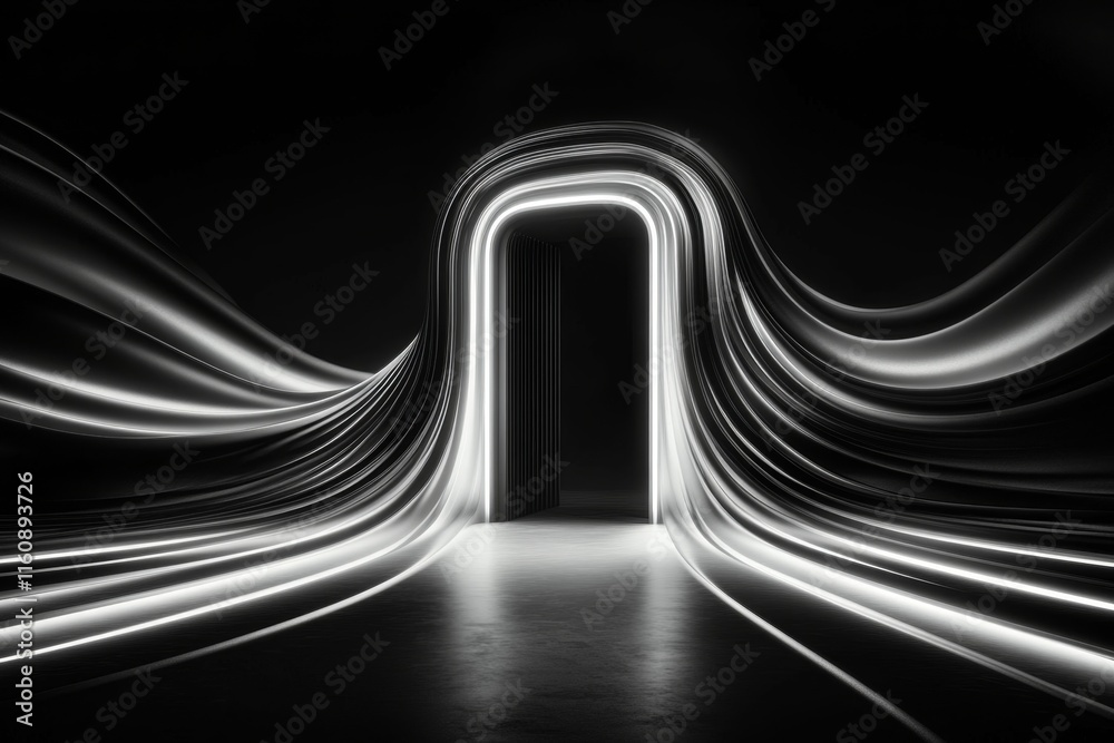 Poster A bold and simple line drawing of a door opening to reveal a burst of light and abstract shapes, representing endless possibilities