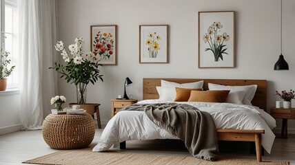 Flowers on wooden stool and pouf in white bedroom interior with posters above bed. Real photo