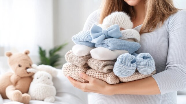A woman lovingly holds a stack of soft, knitted baby booties against a light backdrop, perfect for a baby boy's arrival