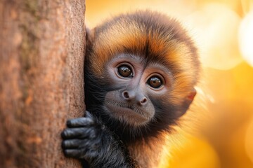 Obraz premium A capuchin monkey on a tree near IguazÃº Falls, its playful posture framed by cascading water in the background