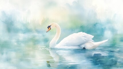 Fototapeta premium Serene Swan in a Misty Morning Landscape
