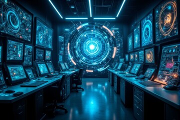 A futuristic quantum lab with advanced computing equipment