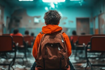 A classroom with a student sitting alone in the back, surrounded by others ignoring them, highlighting social isolation