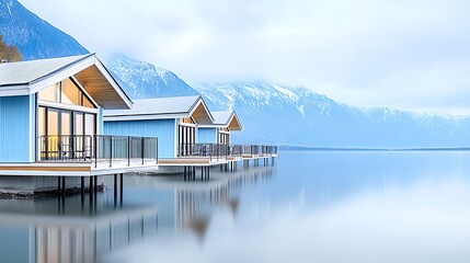 Fototapeta premium Luxury Lake Cabins Mountain View Winter Getaway
