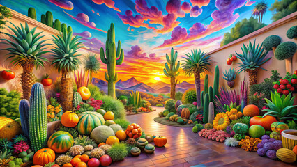 vibrant desert landscape filled with colorful fruits, cacti, and lush plants under stunning sunset sky. scene radiates warmth and beauty, showcasing nature bounty