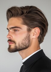 Fototapeta premium A man with a beard and short hair is wearing a black suit and white shirt