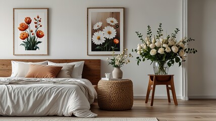 Flowers on wooden stool and pouf in white bedroom interior with posters above bed. Real photo