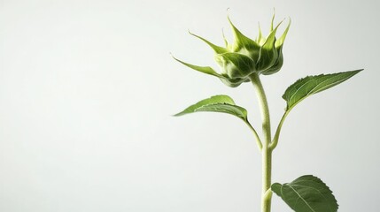 Unopened green sunflower bud on a stem with leaves against a white background.