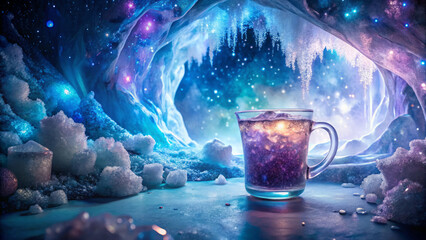 frosted galaxy beverage shimmers within whimsical ice encrusted grotto, surrounded by sparkling crystals and mystical atmosphere. enchanting scene evokes sense of wonder and magic