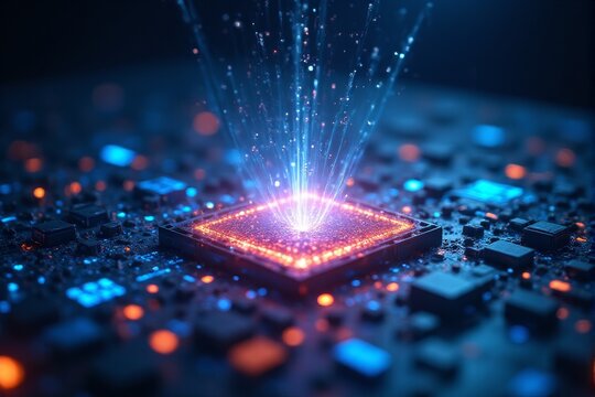 A quantum computer core emitting beams of light in a clean tech lab
