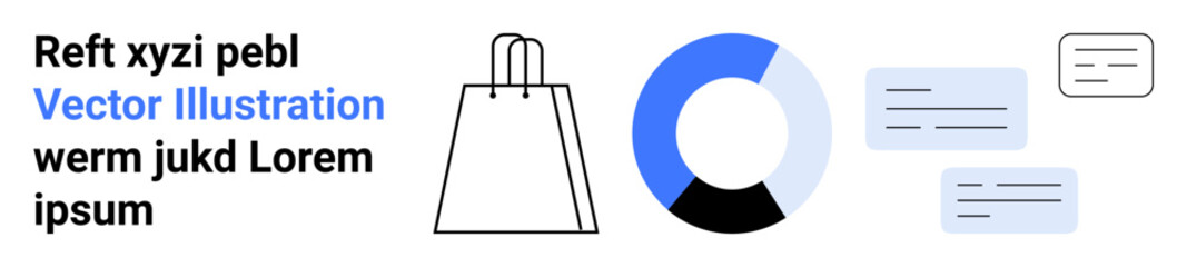 Shopping bag, pie chart, and text boxes represent e-commerce analytics. Ideal for online shopping, retail business, data analysis, marketing trends, sales growth, website design digital