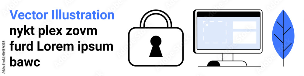 Wall mural lock symbolizing security next to computer monitor displaying a screen with text and a blue leaf to 