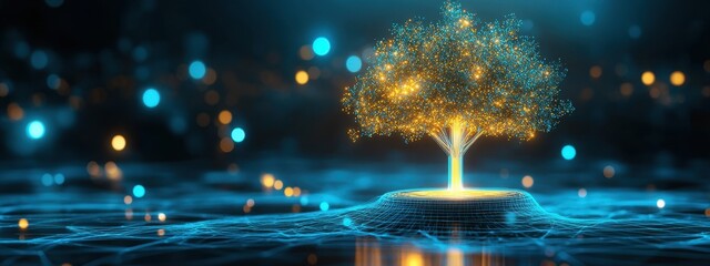 A glowing digital tree with branches connecting to people, roots of tech relationships
