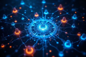 A futuristic depiction of quantum computing circuits with glowing nodes and connections