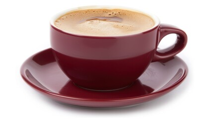 Fototapeta premium A cup of coffee with crema in a dark red cup and saucer on a white background.