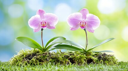 Twin Pink Phalaenopsis Orchids on Mossy Ground
