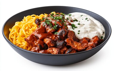 Spaghetti bolognese with rich tomato meat sauce, grated parmesan, and fresh parsley served in a deep black bowl against a high contrast backdrop