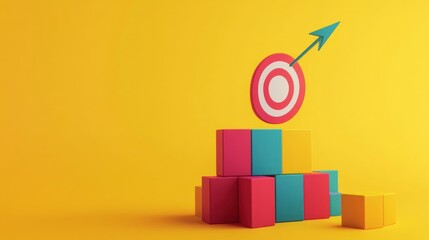 Arrow hitting target on colorful blocks.
