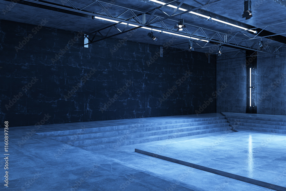 Poster spacious modern empty room with concrete walls and floor, illuminated by industrial ceiling lights, 