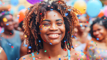 happy people celebrating and having fun at carnival among colorful decorations