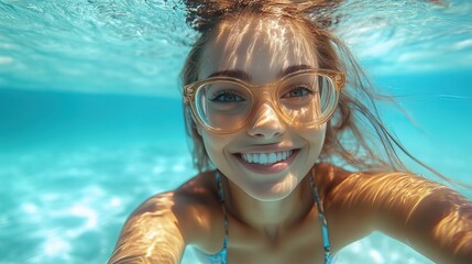 Fototapeta premium young woman selfie portrait and swimming with group for travel freedom or vacation healthy happiness with friends on beach