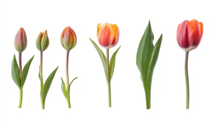 Tulip growth stages, buds, blossoms, leaves isolated on white.