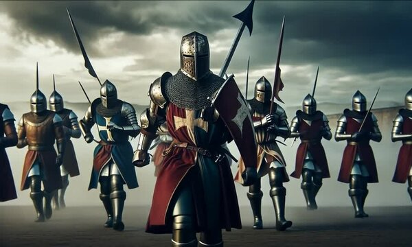 Armored warriors advance with fierce determination, swords raised and shields ready, as dark clouds loom above them. The atmosphere crackles with tension, heralding a clash of steel and valor