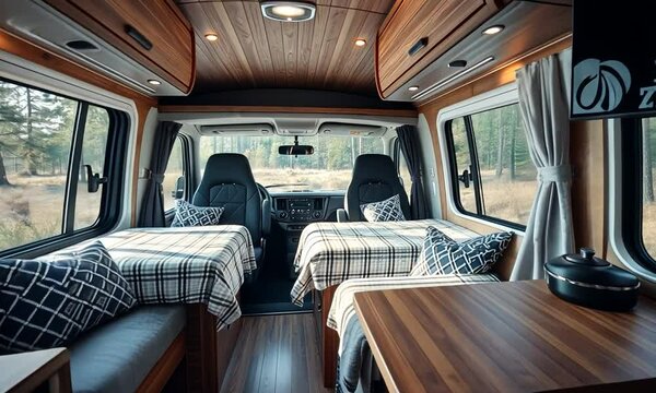 Step inside a beautifully designed camper featuring elegant wooden accents, spacious twin beds, and large windows that invite the serene outdoors, perfect for adventurers
