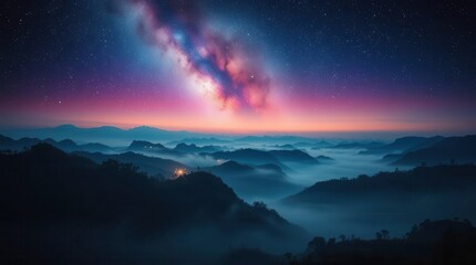 A stunning night scene featuring a vibrant Milky Way galaxy over misty mountains, creating a serene and enchanting landscape.