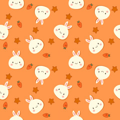 Face rabbit cartoon so cute. On carrot star and orange background. Pattern seamless vector illustration. 
