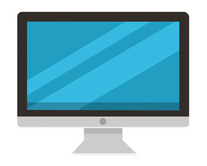 Fototapeta premium Computer vector with blue screen. PC illustration in trendy style. Desktop PC monitor with empty display in blue color. Element for office, web design, technology. Vector illustration. LCD TV monitor.