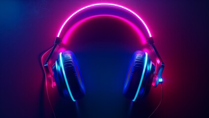 Gaming headphones on neon light background, minimalism illustration, 3D rendering.