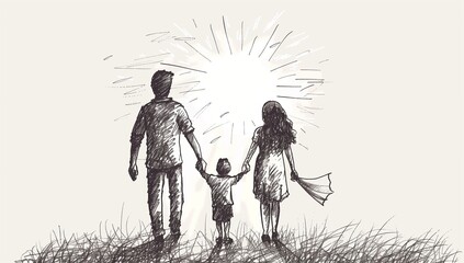 Obraz premium A simple sketch of two parents holding hands with their child, standing on grassy ground.