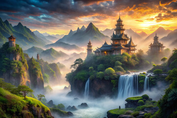 Fototapeta premium mystical landscape featuring majestic castle surrounded by mountains, waterfalls, and lush greenery, evoking sense of adventure and tranquility