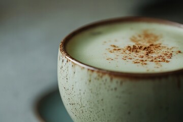 Creamy beverage topped with spice in rustic cup, set against sof