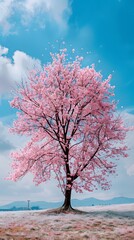 A magnificent and beautiful cherry blossom tree standing alone, with a beautiful view of the winter season