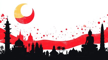 Silhouettes of Asian Architecture on a Red and White Background