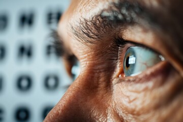 Close-up view of an eye focused on an eye chart, revealing detai