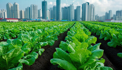 Climate change ecosystem global crisis. Urban farm with lettuce and skyscrapers in back...