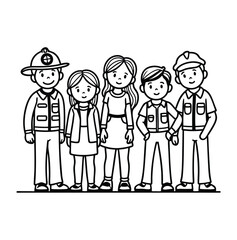 Line Art Illustration of Children with Emergency Services, Diverse Community Heroes, Coloring page kids outline art.