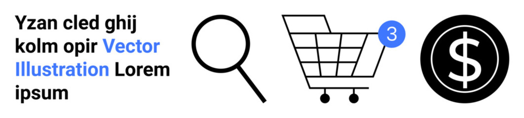 Magnifying glass, shopping cart with notification, and dollar sign icons. Ideal for online shopping, e-commerce, search functionality, notifications, finance, retail, and commerce. Landing page
