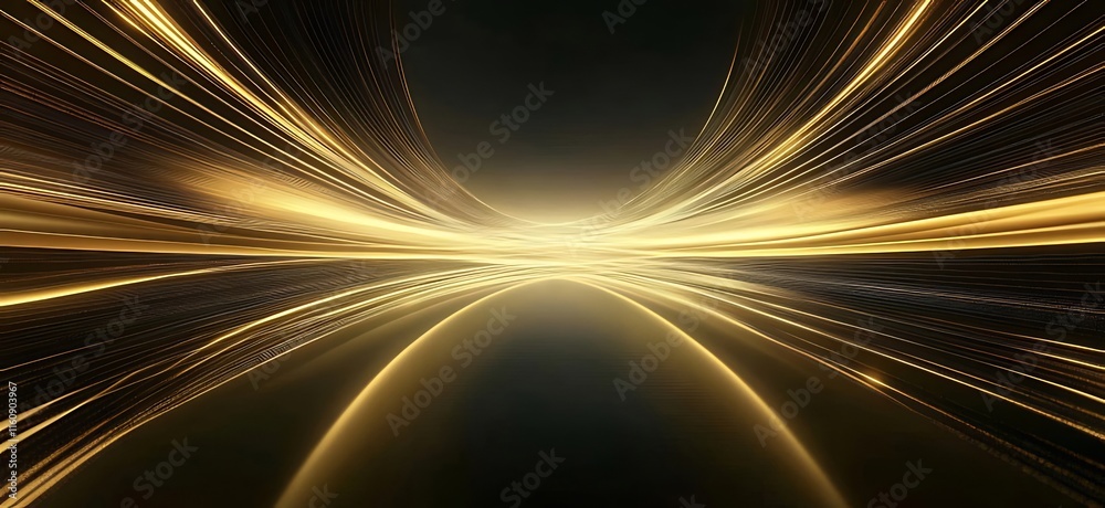 Wall mural abstract gold light streaks converging at a vanishing point, creating a dynamic and energetic compos