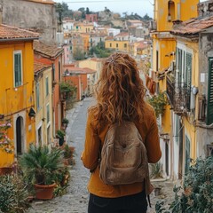 Travel scene: person with vitiligo exploring a historic city street and taking photo