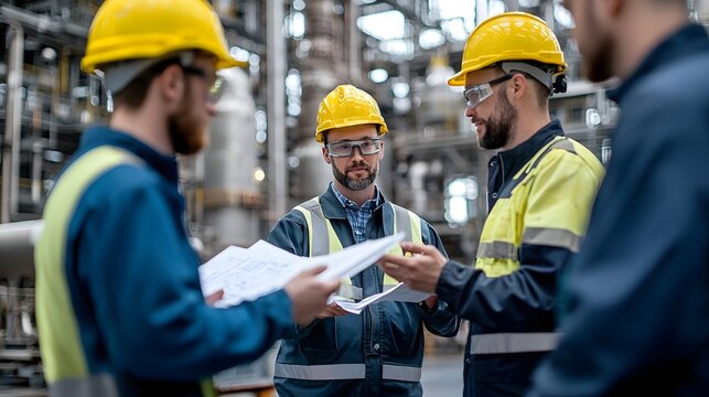 A group of engineers wearing hard hats are gathered around blueprints discussing plans and strategies for the and maintenance of the industrial refinery equipment and facility