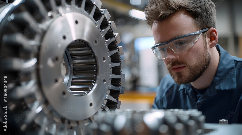Aufkleber portrait of an aerospace engineer or technician closely examining and testing the inner workings of 