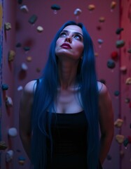 Fototapeta premium woman with hair, smooth facial features, beautiful eyes, wearing a dress that shows above the waist, in a room painted purple, red blue yellow green black and white small natural stones falling from 